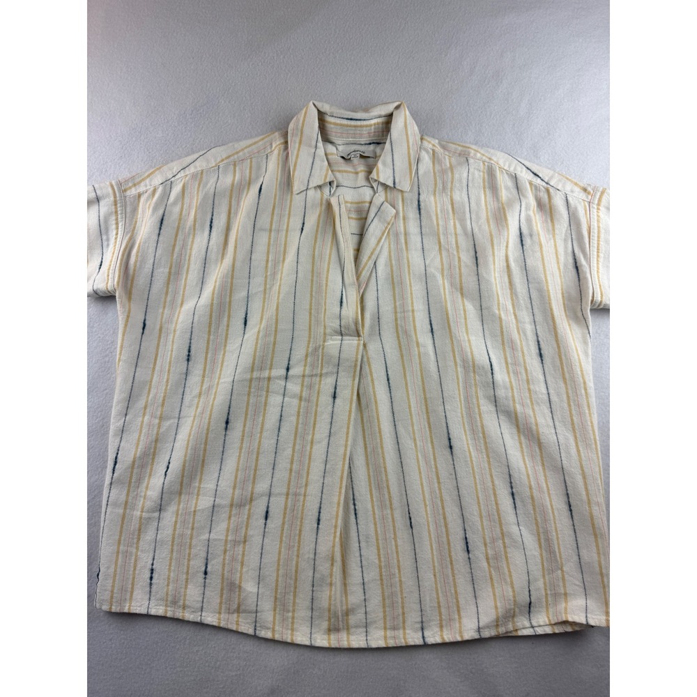 Madewell Striped Split Neck Shirt XS Short Sleeve Cotton Linen Blend Casual